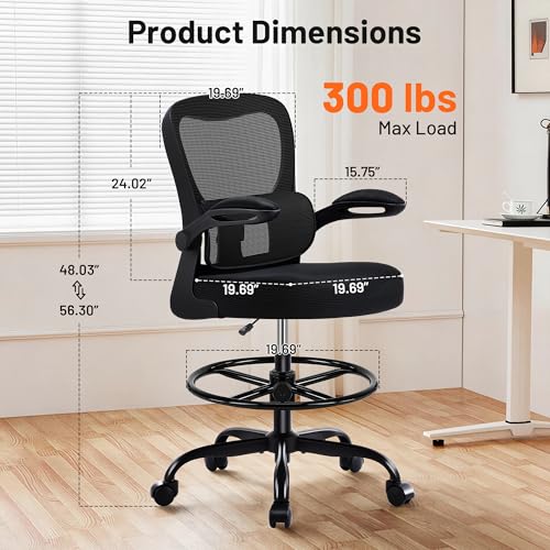 AreShark Black Drafting Chair - Ergonomic Tall Office Chair with Lumbar Support, Flip-Up Armrests, Breathable Mesh, Adjustable Foot Ring