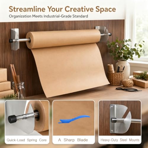 Wall-Mounted Kraft Paper Dispenser with Cutter, Heavy Duty Vinyl Roll Holder