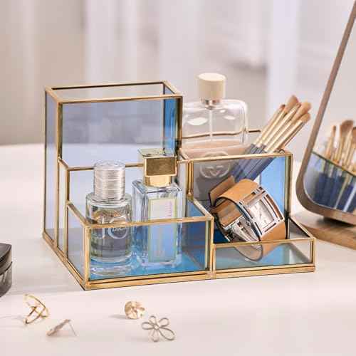 FONDAZZA 5-Compartment Desk Organizer for Home Office Supplies, Gold Brass with Blue Glass, Workspace Storage for Stationery, Cosmetic, Makeup Tools and Brush.