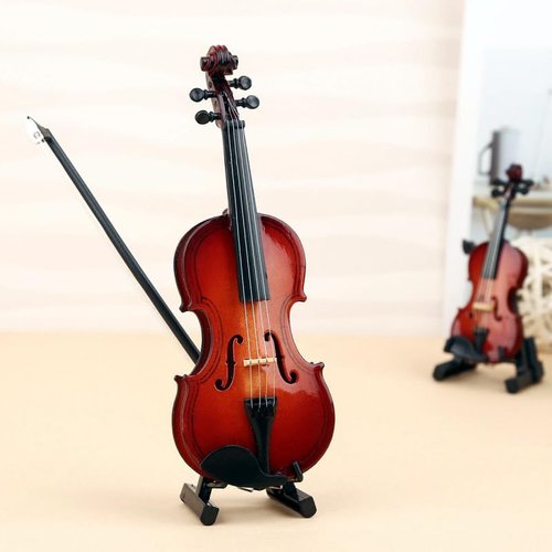 Wooden Miniature Violin with Stand, Bow and Case Mini Musical Instrument Replica Collectible Figurines, Mini Violin Model for Home Office Decor Birthday Christmas (2.36x0.83x0.47in)