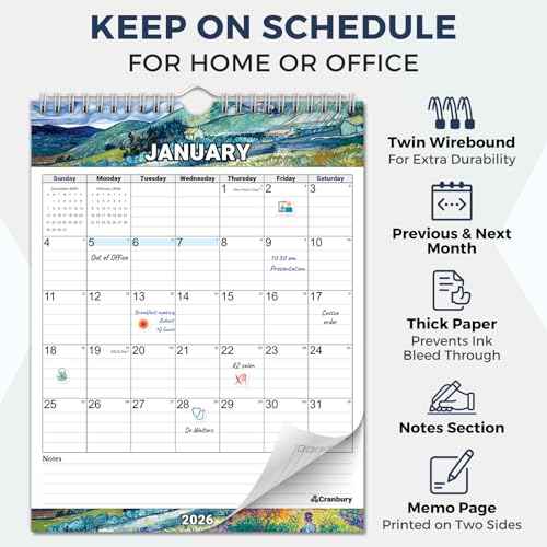 CRANBURY Small Wall Calendar 2026, Use Nov 2025 to Dec 2026, Hang on Wall, or Lay Flat as 8.5 x 11 Desk Calendar, Monthly Artwork Designs, Includes Planner Stickers