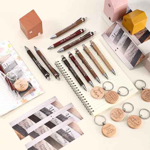 60 Sets Appreciation Gift Bulk for Employee Bamboo Ballpoint Pen Inspirational Wooden Keychain Thank You Bookmark Card Set for Vet Tech Medical Assistant Office Team Student Teacher Gift