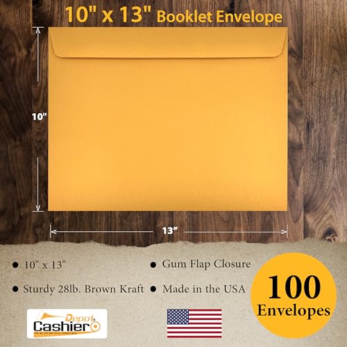 100 Pack 10x13 Booklet Envelopes Heavy 28lb Kraft Open Side Gummed Flap