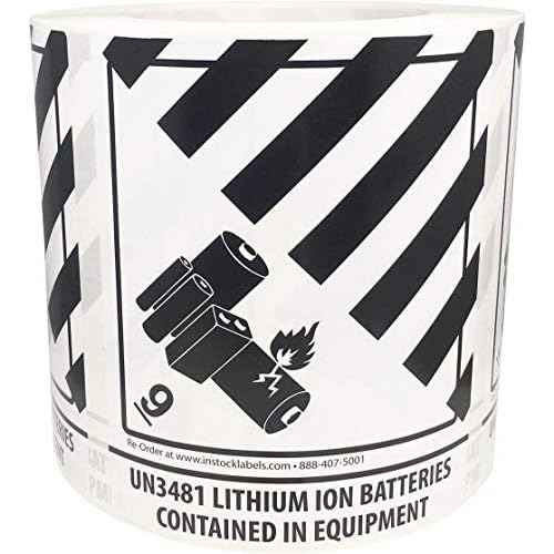 Hazard Class 9 D.O.T. UN3481 Lithium Ion Batteries Contained in Equipment Labels 4 x 4 3/4 Inch Square 500 Adhesive Stickers