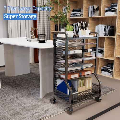 7 Tier File Organizer Beside Desk, Rolling File Cart with Sliding Trays Ideal for Office Organization in Offices, Schools, and Studios