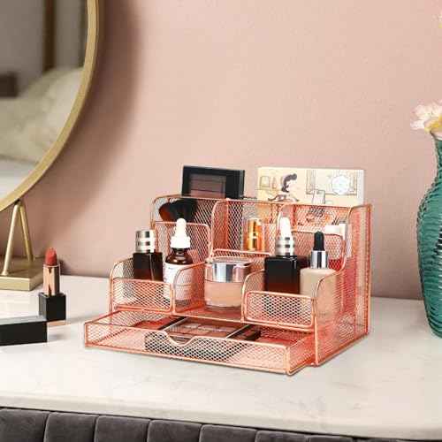 Barelove Rose Gold Desk Organizer with Sliding Drawer, Large Office Desktop Mesh Pen Pencil Holder Caddy Organization with 7 Compartments for Home School Supplies Stationery Book IPAD, Christmas Gifts