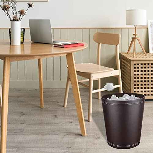 Pu Leather Trash Can for Bedroom, 2.6 Gallon Wastebasket for Office, Small Bathroom Garbage Cans for Home Decorative, Round Waste Basket Bin for Dorm Kitchen Brown