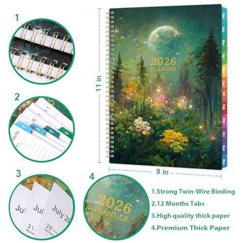2026 Planner - 2026 Planner Weekly and Monthly, 9" x 11", Jan.2026 - Dec.2026, Planner 2026 Weekly and Monthly with Colorful Tabs, Strong Twin-wire, Back Pocket - Dreaming Moon