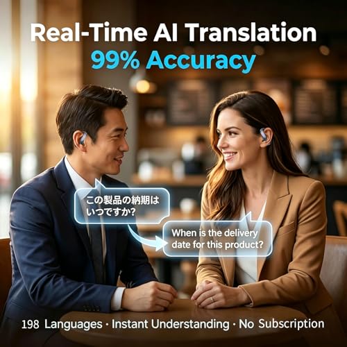 Bluemaison Silver Real-Time Translation Earbuds, 198+ Languages Two-Way Translator for Travel & Business