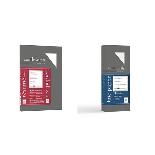 Southworth R14CF 100% Cotton Resume Paper White 24 lbs. Wove 8-1/2 x 11, 100/Box & 25% Cotton #10 Envelopes, 4.125" x 9.5", 24 lb/90 GSM, Wove Finish, White, 50 Count - Packaging May Vary (P554-10)