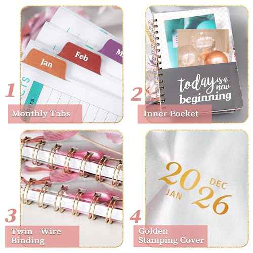 2026 Planner - Planner 2026 with Tabs, Jan. 2026 - Dec. 2026, 2026 Planner Weekly and Monthly, 2026 Calendar Planner, Weekly and Monthly Planner, 6.3" x 8.4", Hardcover with Back Pocket + Thick Paper - Pink Flower