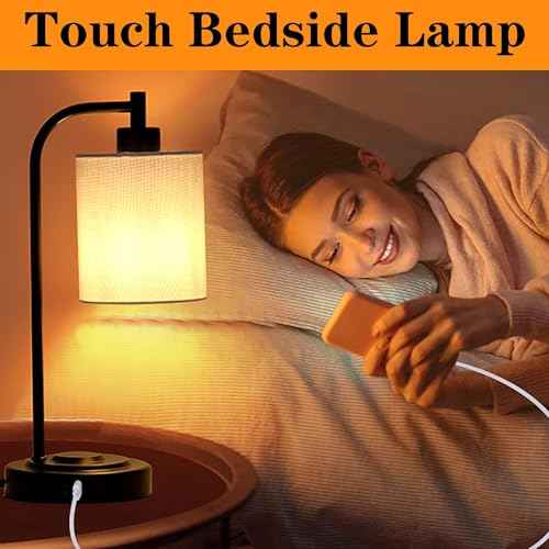 Modern Desk Lamp with Fast Dual USB A+C Charging | Touch Control Bedside Table Lamp for Bedroom Office, Fabric Shade, Metal Base, Bulb Included