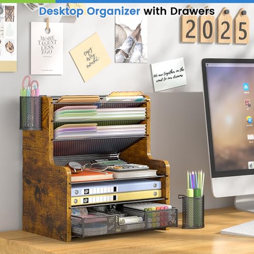 6-Tier Mesh Desk Organizer with Drawer, Wooden Office Organizer for Papers, Folders & Office Supplies - Sturdy Desktop File Holder with 2 Pen Holders - Space Saving Home Office Accessories
