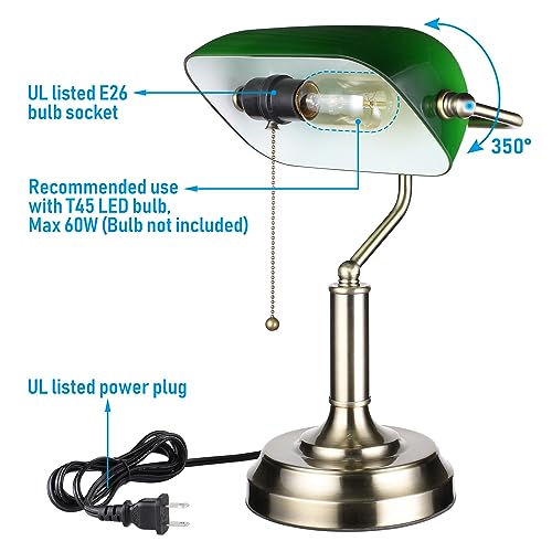 Green Glass Banker’s Desk Lamp with Pull Chain, E26 Base - Retro Office Light