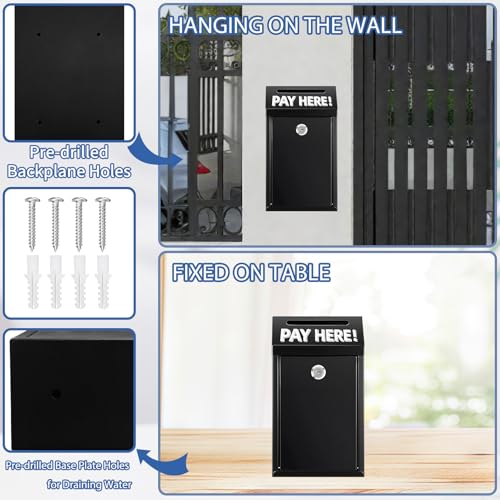 Hualleko Black Metal Donation Box with Lock & Slot - Wall Mount Secure Cash Container