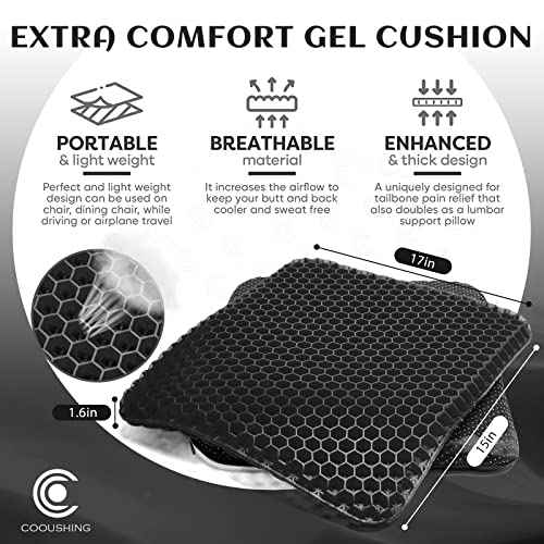 Gel Seat Cushion, for Long Sitting -Double Thick Gel Seat Cushion Breathable Honeycomb Chair Cushion with Non-Slip Cover for Office Chair Car, Wheelchair, Long Trips,Relief Sciatica Pain