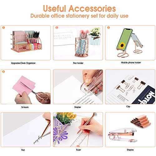 Rose Gold Desk Organizers and Accessories Office Supplies Set Stapler, Pen Holder, Phone Holder, Scissors, Pen, Ruler, 30 Paper Clips, 22 Binder Clip, 20 Tacks and 1000pcs Staples
