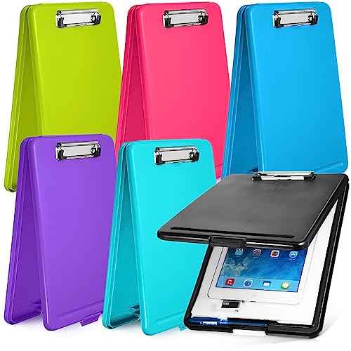 6 Pieces Clipboard with Storage, 9.5 x 13.5 Heavy Duty Plastic Storage Clipboard, Nursing Foldable Clip Board with Compartment and Metal Clip for Nurse Teacher Student Classroom Office (Bright Color)