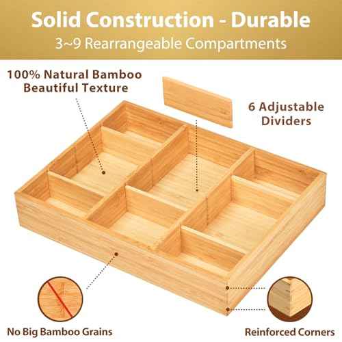 Umilife Desk Drawer Organizer, Bamboo Wood Organizer Tray with Adjustable Compartments, Office Desk Accessories Supplies Organization Storage, 12" x 9"