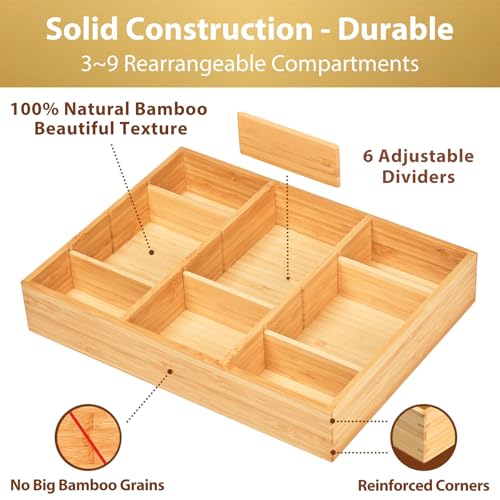 Umilife Bamboo Desk Drawer Organizer 12x9 Inches with Adjustable Dividers