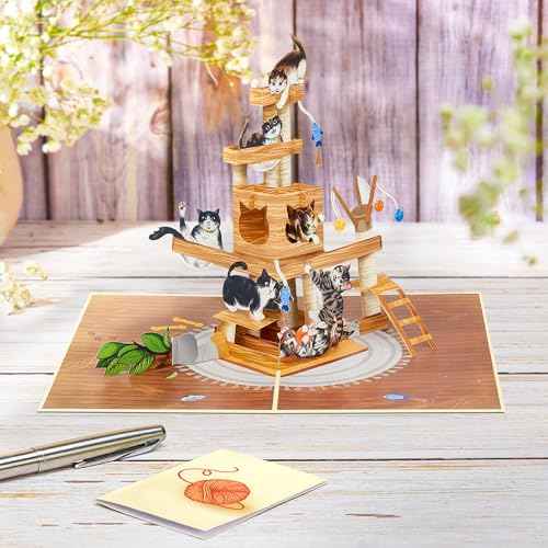 Cat Tree Pop Up Card, Funny Cats, 3D Greeting Card, Gifts for Birthday, Valentines day, Mothers Day, Fathers Day, Cat Person, 5x7 - Includes Envelope And Message Note