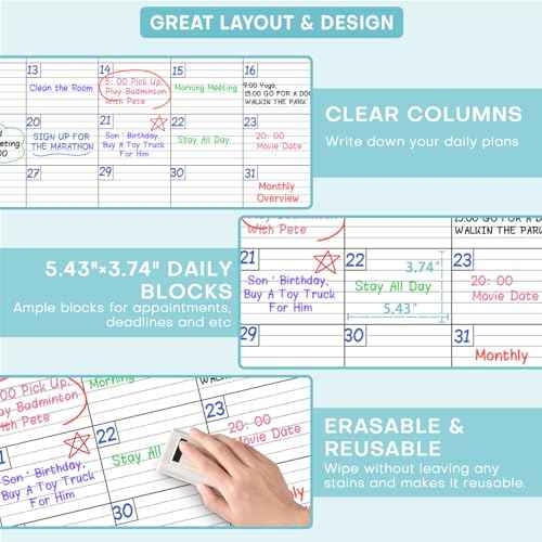 Dry Erase Calendar for Wall - Undated 1 Month Wall Calendar Dry Erase, 40" x 28", Erasable & Reusable Laminated White Board Calendar with 8 Round Stickers, Great Layout Wall Calendar Dry Erase for Home
