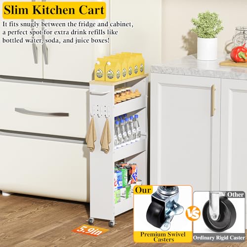 Utility Slim Storage Cart, 4-Tier Narrow Laundry Room Bathroom Organizers and Storage Cart, Metal Pantry Kitchen Organization Shelf with Wood Top, Slim Rolling Rack with Wheels for Small Space