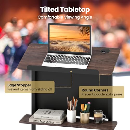 Tangkula Walnut 3-Position Height Adjustable Rolling Podium/Lectern with Tilted Tabletop