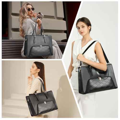 BERTASCHE Laptop Tote Bag with Insulated Lunch Compartment, 15.6 Inch PU Leather Work Bag Computer Briefcase for Women, Waterproof Laptop Shoulder Handbag for Business,Office,Work, Black