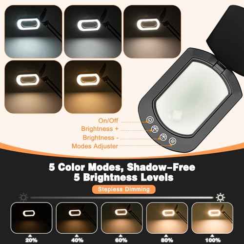 Rectangle Magnifying Glass with Light and Clamp, 15X 10X Desk Magnifying Lamp with Dust Cover, 5 Color Modes Dimmable, 84 LED Real Lens Lighted Magnifier Hands Free, Table Lamp for Repair Crafts Hobby