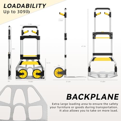 Aluminum Folding Hand Truck 309lb Capacity - Collapsible Dolly Cart with 47.3" Adjustable Handle, TPR Wheels & Portable Hand Truck Design, 11lbs Lightweight Storage Solution (No Assembly)