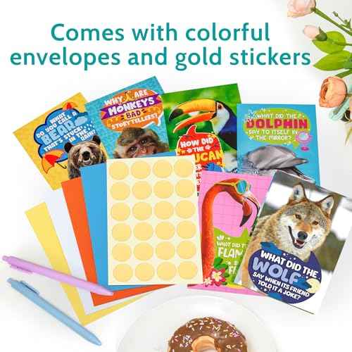 T MARIE 24 Funny Animal Joke Notecards With No Repeats - Humorous Bulk Cards Set - 4.5¡± x 6.25¡± Thinking of You Cards for Friends, Kids, Students, Teachers, Summer Camp and More