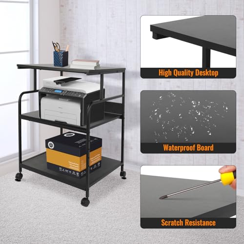 FAHKNS Printer Stand, 3 Tier Large Printer Stand with Wheels, 23.6 x 18.9 x 29.5 Inch Office Table with Height Adjustable Storage Shelf for Office Home, Rolling Cart for Printers Table, Black