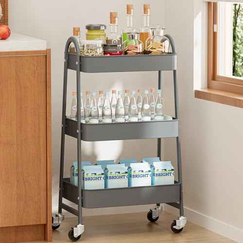 OLIXIS 3 Tier Utility Rolling Cart with Lockable Caster Wheels, Metal Mobile Storage Shelf, Organization for Livingroom, Bathroom, Kitchen, & Narrow Places, Light Grey