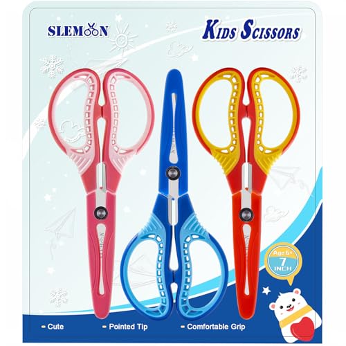 Kids Scissors 7-Inch Safety Craft Scissors for Ages 8-12 with Cover - Blue/Pink/Red, Left/Right Handed