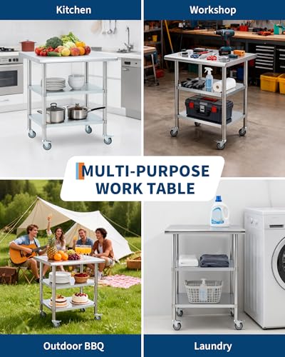 Garvee 24x30x34 inch Stainless Steel Work Table with Casters & 2 Shelves (Variation: Table With Casters&2 Shelves / 24x30inch)