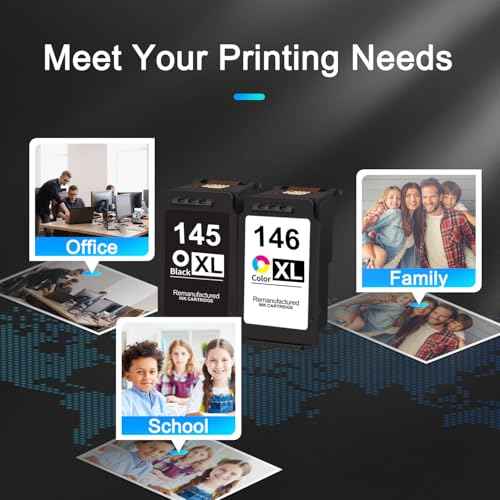 PG-145XL CL-146XL Ink Cartridges Combo Pack Replacement for Canon 145XL/146XL 145 146 High Yield for PIXMA TS3110 iP2810 MG2410 MG2510 MG2910 MG3010 (1 Black, 1 Color)