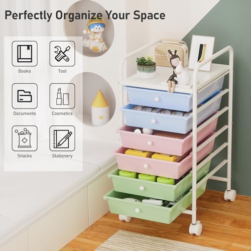 Metal 6 Tier Rolling Cart with 6 Drawers,1 Table Top & 4 Wheels, Utility Grocery Craft Cart on Wheels for Classroom, Office, Bathroom, Kitchen, Bar, Home Storage and Organization, Dorm Room Essentials