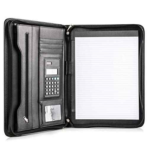 Cossini Black Superior Vegan Leather Business Portfolio with Zipper ? Padfolio All-in-One. Smartest Protective 10.1 Inch Tablet Sleeve, Presentation Slot, Solar Calculator, Card Storage, Writing Pad