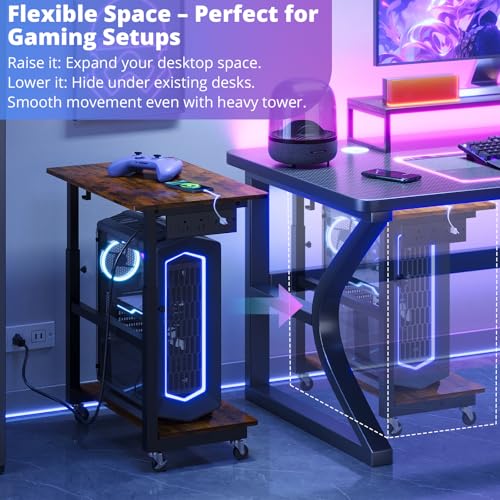 2-Tier Computer Tower Stand with Power Outlet, Height Adjustable PC Tower Stand with Wheels, ATX-Case CPU Holder Cart with Hooks for Home, Office, Gaming (Brown)