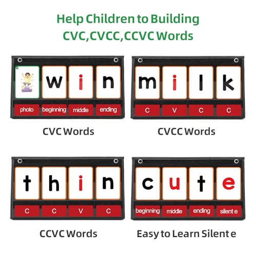 CVC Word Builder Desktop Pocket Chart with 107 Cards, Kids Word Builder Games for CVC CVCC CCVC Learning Reading Spelling Early Education Tool for Preschool Kindergarten Classroom.