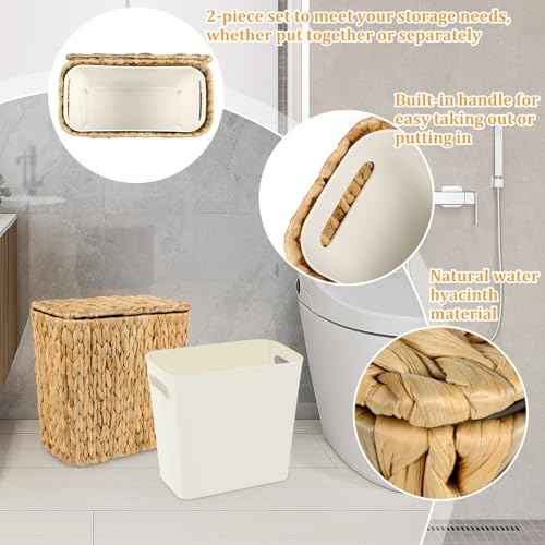 Wicker Trash Can with Lid and Liner, Handwoven Wicker Waste Basket, Water Hyacinth Bathroom Trash Can, Boho Rattan Garbage Wastebasket for Bedroom Home Living Room Office Kitchen, 2.5 Gallon