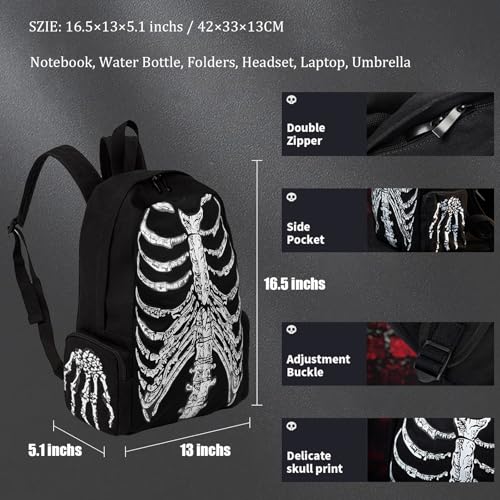 Punk Skull Black Vintage Backpack Gothic Ribcage Skeleton Laptop Bag EMO Backpack for Men and Women