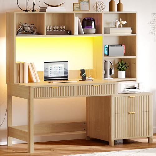 YITAHOME Computer Desk with Hutch and Drawers - Natural Oak