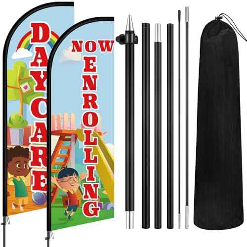 2 Set 7 ft Now Enrolling Day Care Feather Flag with Pole Kit and Ground Stake Weatherproof Polyester Now Enrolling Banner Marketing Sign for Schools Child Care Business Advertising