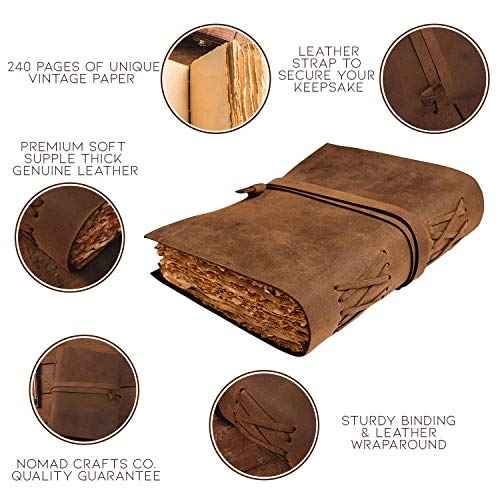 NomadCraftsCo. Leather Journal-Vintage Leatherbound Journal - Handmade Antique Deckle Edge Paper - Leather Sketchbook - Book of Shadows Journal - Thick Journal - Vintage Journal