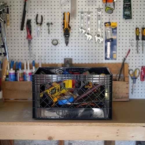 Stackable Milk Crates, Kitchen Work Commercial Garage Totes, 24 Quart, Heavy Duty Plastic, Black, 19" L x 13" W 11" H