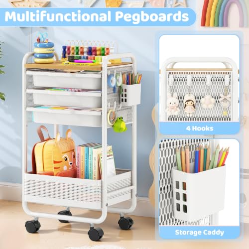 KINGRACK 3-Tier Rolling Cart with Drawer (White) – Metal Utility Storage Cart with Pegboard