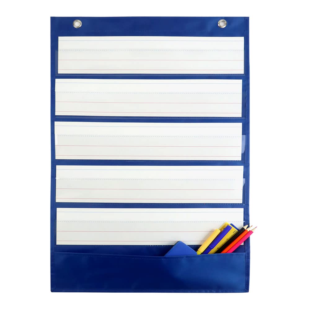 Mewise Pocket Chart with 10 Double Sided Sentence Strips, Activities, Class Demonstrations, Standards Pocket Chart, 420D Polyester, Blue