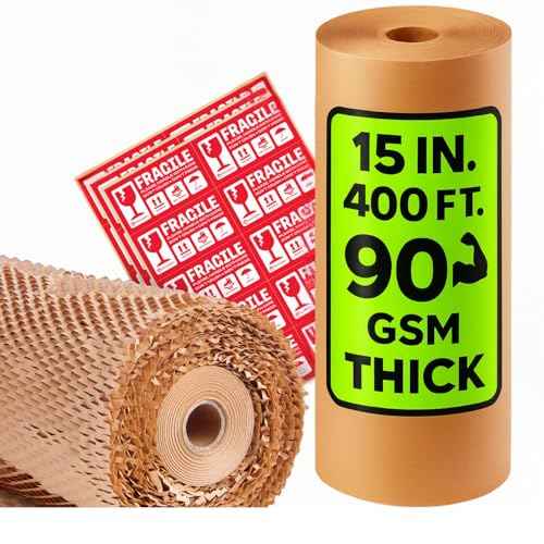 Honeycomb Packing Paper | Extra Thick 90 GSM Packing Wrap | Biodegradable Packing Materials: 15¡± x 400¡¯ Moving Paper + 30 Fragile Stickers | Paper Bubble Wrap/Packing Bubbles Substitute